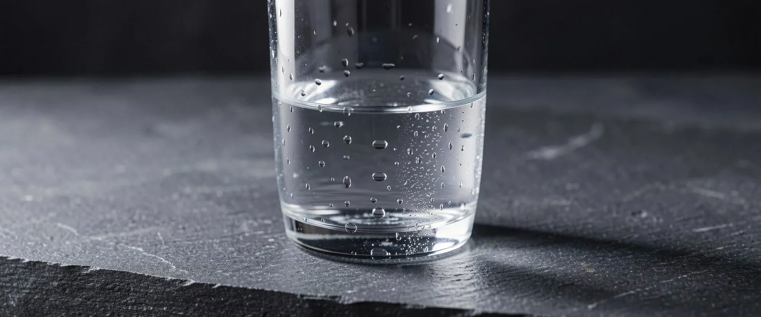 Sklenice čisté vody na tmavé kamenné podložce