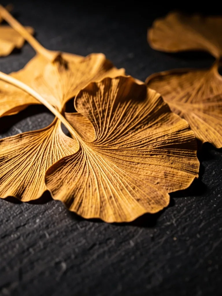 Sušené listy ginkgo biloba na tmavém podkladu