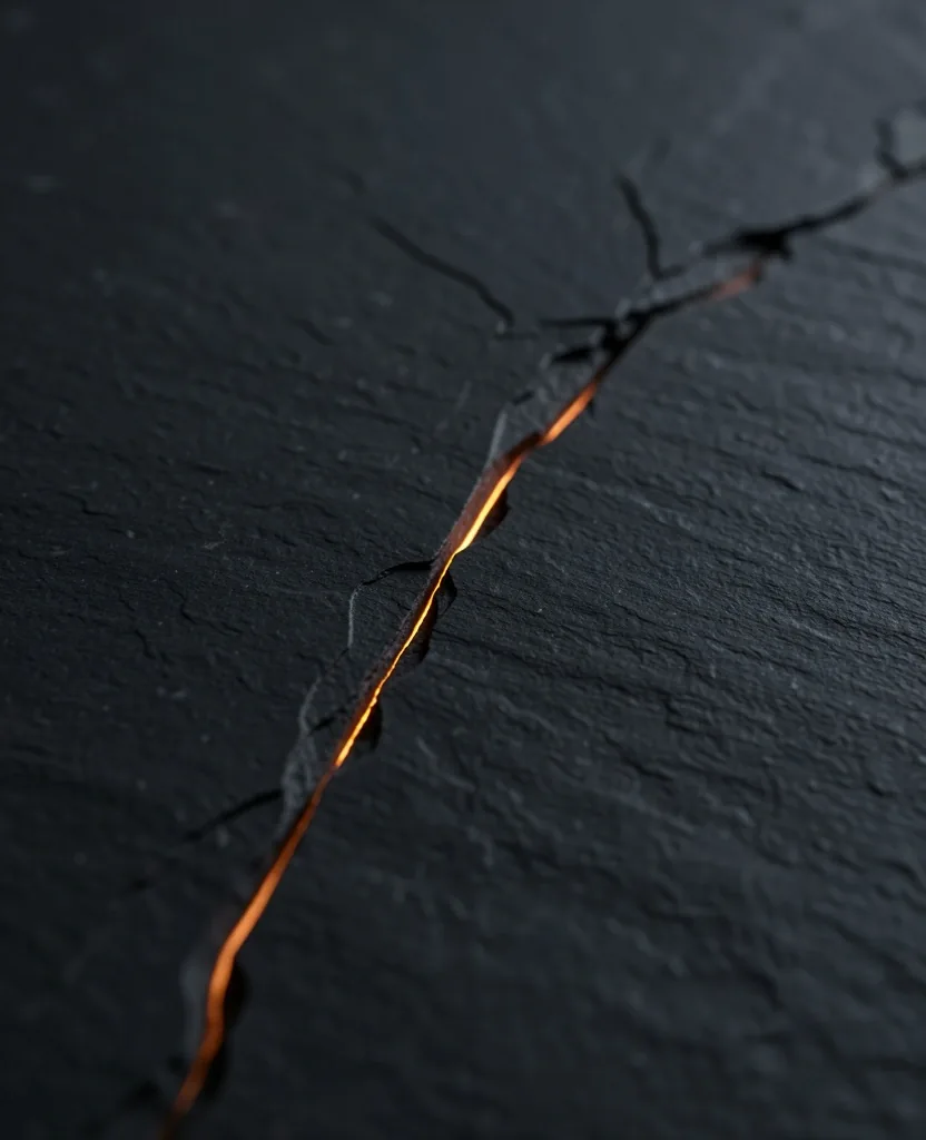 Detailní záběr trhliny na tmavé ploše